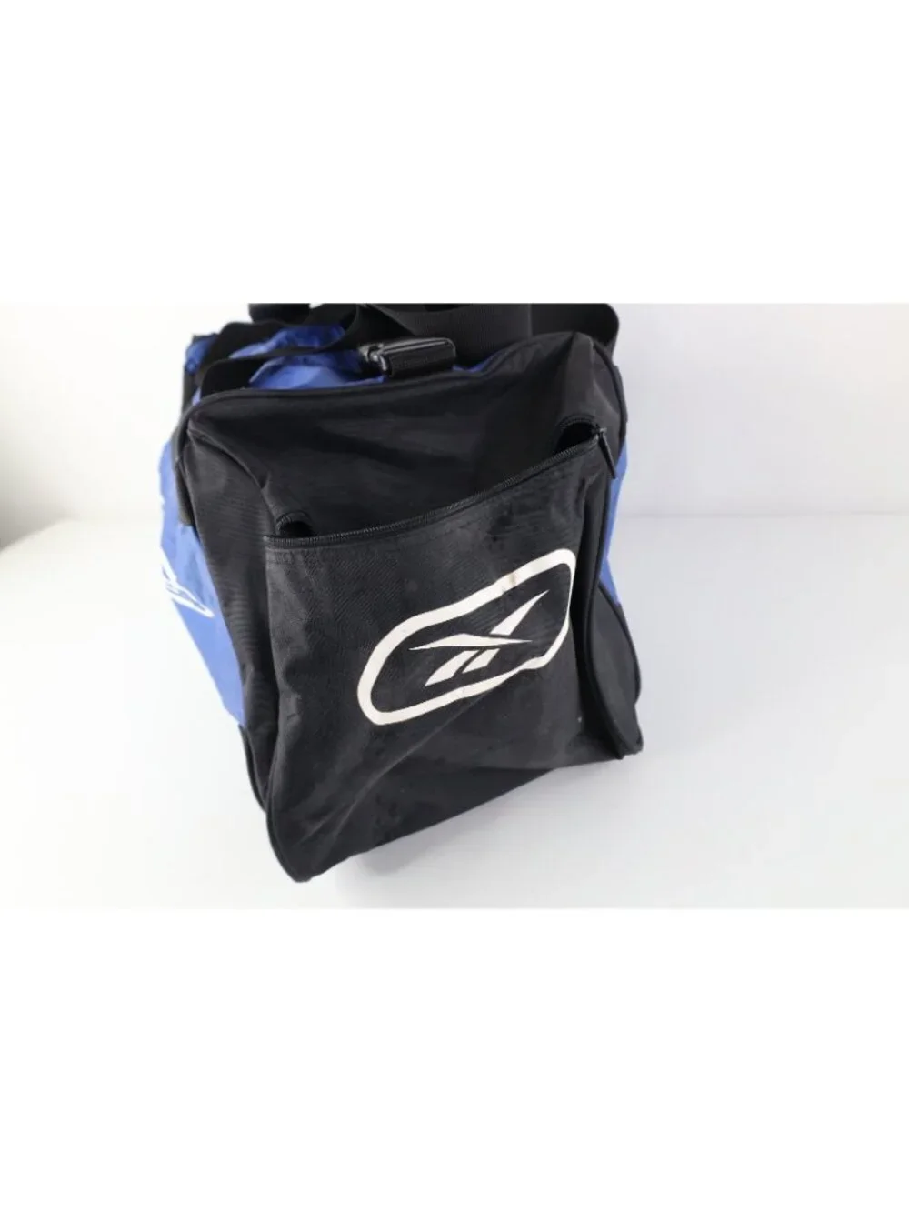 Vintage 90s Reebok Distressed Spell Out Handled Duffel Bag Gym Carry On Blue